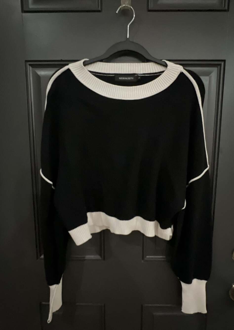 MEROKEETY Black and White Ribbed Crewneck Pullover Sweater Size L